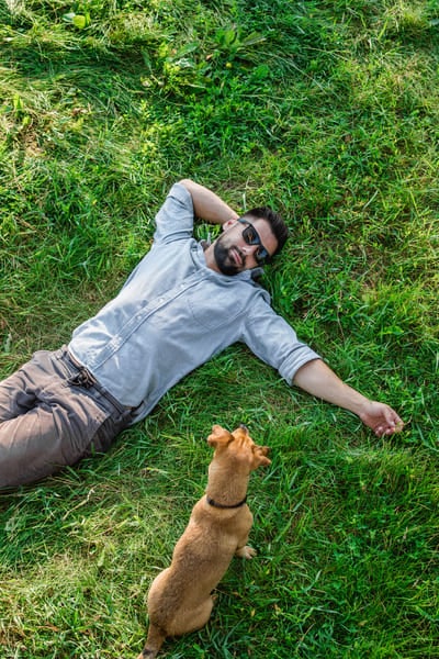 Mann liegt mit Hund auf dem Gras und entspannt. Der Hund sitzt daneben.