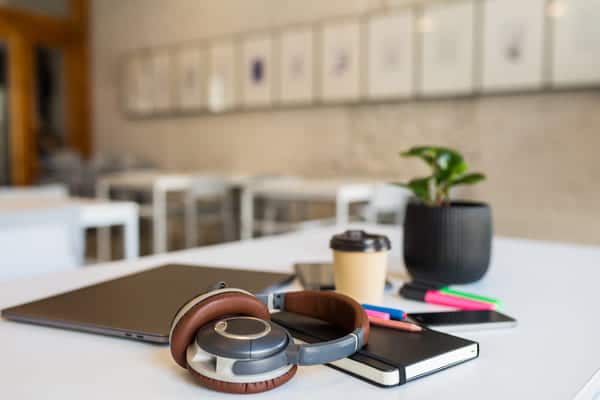 modern different office stationery on white table